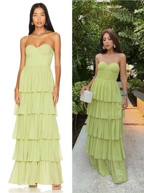 Lovers and Friends Hattie Gown Green Strapless Tiered Maxi Dress Bustier Size XS